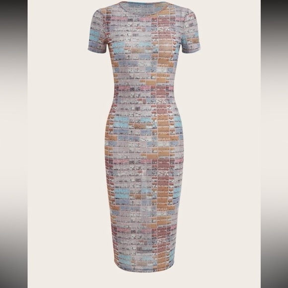 3/$28❤️SHEIN ICON ALLOVER PRINT RUCHED BODY.COM DRESS SIZE L - Picture 2 of 5